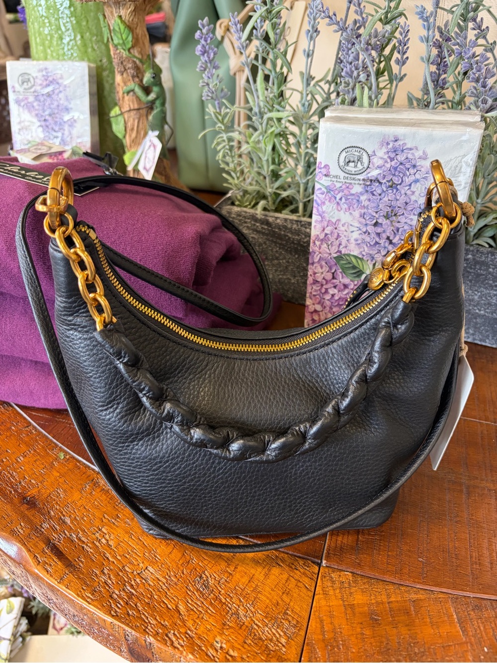 HOBO Black Leather Shoulder Hobo with Gold Chain